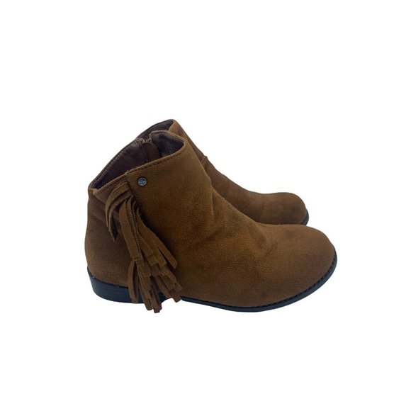 Tahari Milla Slope Chestnut Brown Size 5 Ankle Zip Up Fringed Booties EUC - Picture 2 of 10